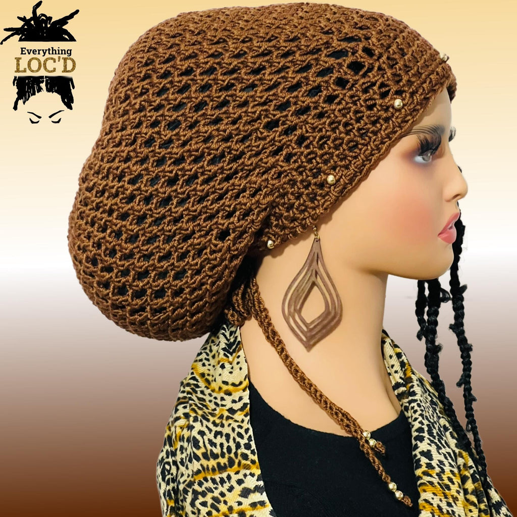Crochet dreadlock tam with drawstring, Slouchy beanie added beads, Everything Locd, Gift for women, Gold Brown slouch hat,