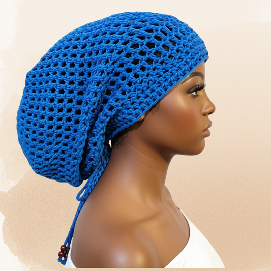 Crochet Dreadlock Tam with Drawstring, Cotton Slouchy Beanie, Rasta Tam