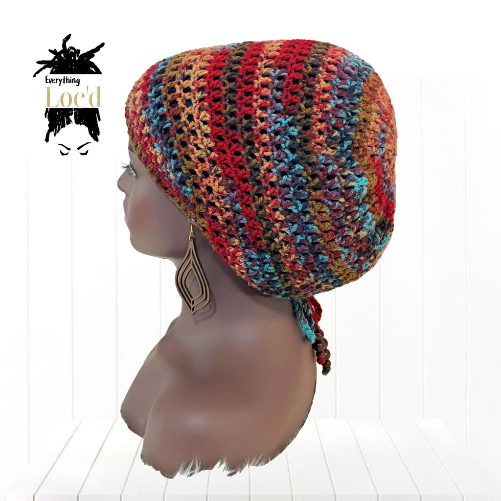 Crochet Rasta tam with drawstring, Dreadlock Slouchy Beanie, Adjustable Women's hat, Everything Locd