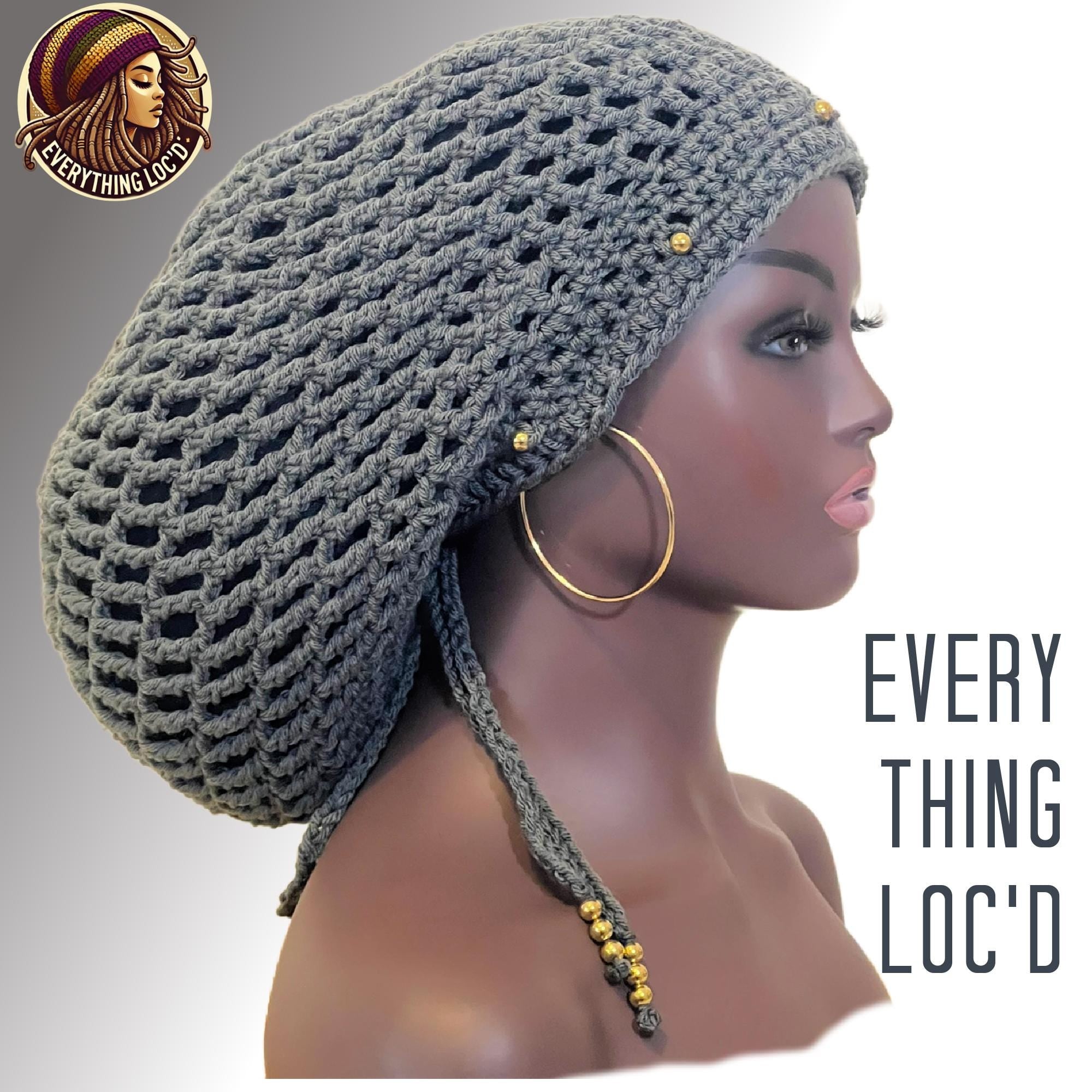 Crochet dreadlock Tam Hat with drawstring, Grey Slouchy Crocheted Rasta beanie added beads, Everything Locd