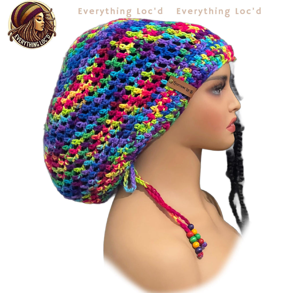 Crochet Slouchy hat with drawstring, Colorful Rasta Tam for dreads, Adult Colorful Beanie, Everything Locd