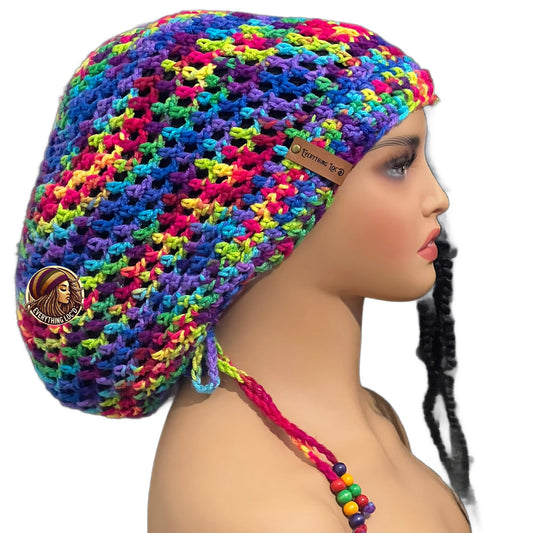 Crochet Slouchy hat with drawstring, Colorful Rasta Tam for dreads,