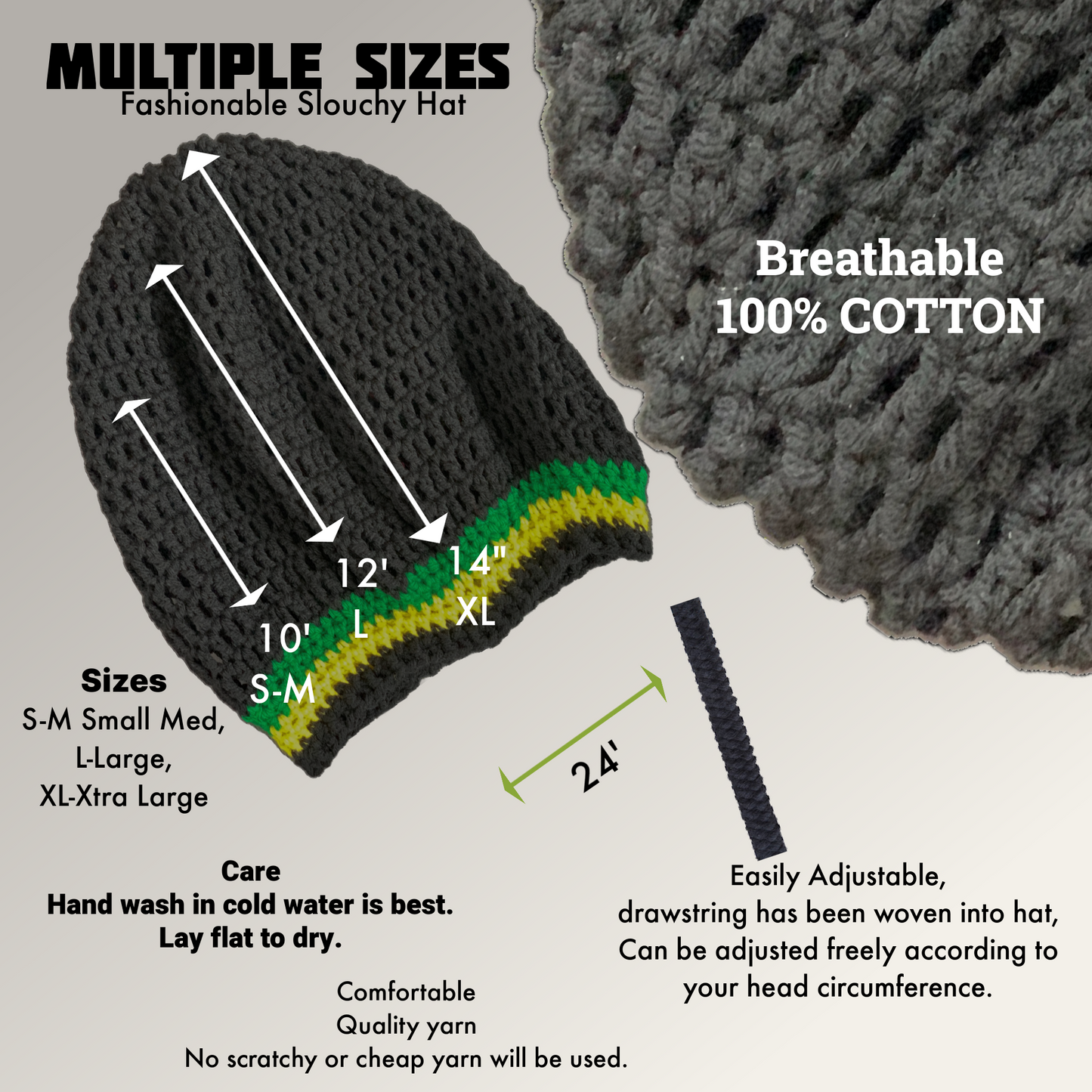 Men Cotton Rasta Tam with drawstring, Dreadlock Slouchy Beanie, Unisex dreads hat
