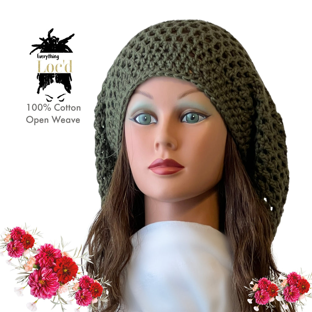 Crochet Cotton Rasta Tam with drawstring, Olive Green dreadlock hat, Everything Locd