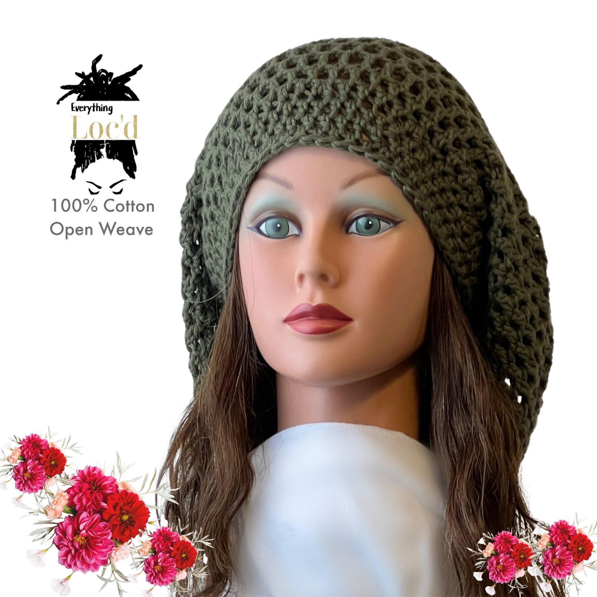 Crochet Cotton Rasta Tam with drawstring, Olive Green dreadlock hat, Everything Locd