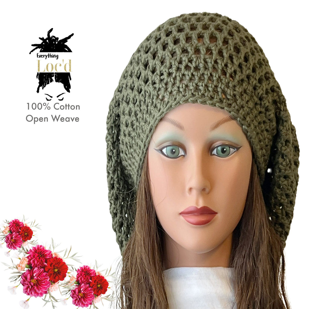 Crochet Cotton Rasta Tam with drawstring, Olive Green dreadlock hat, Everything Locd