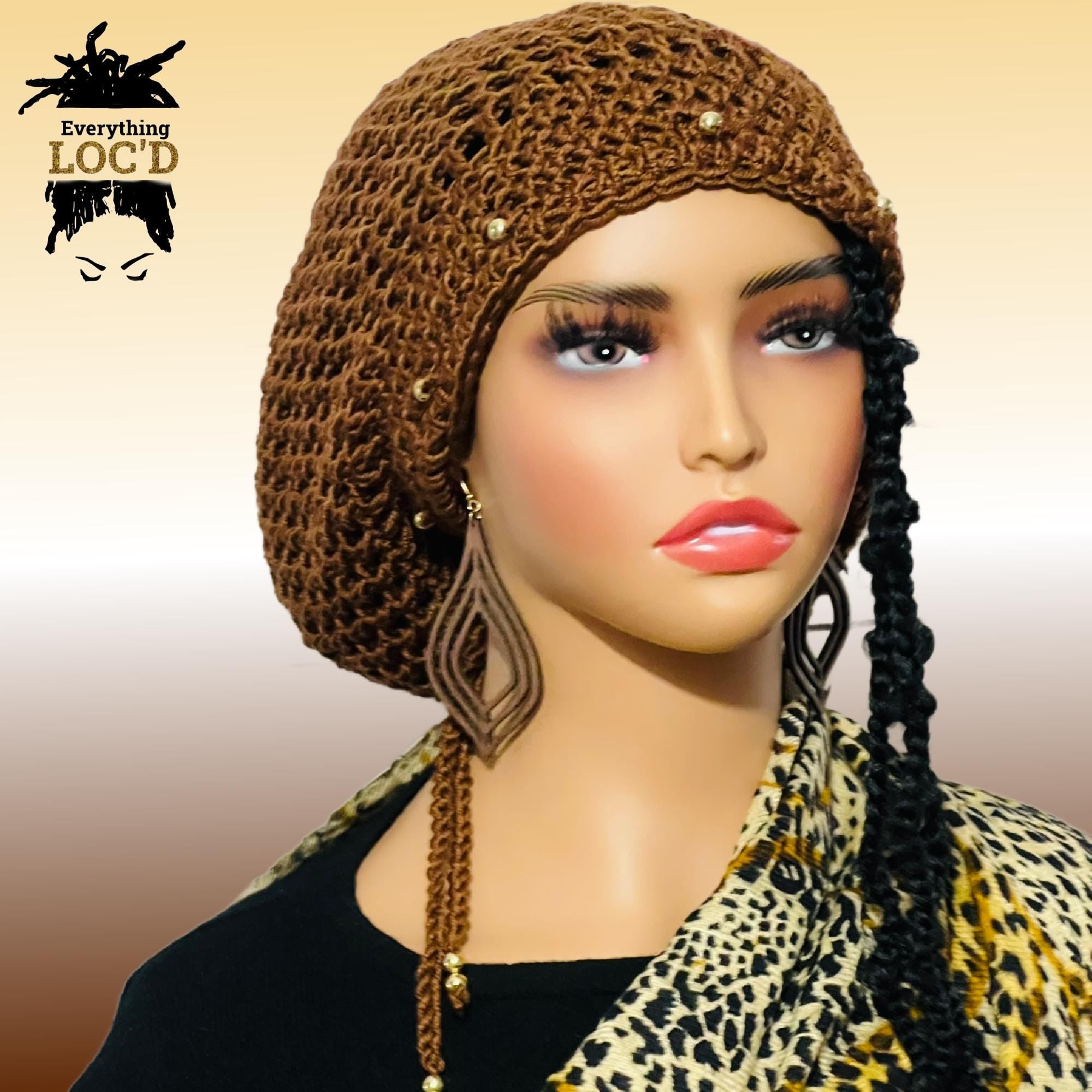 Crochet dreadlock tam with drawstring, Slouchy beanie added beads, Everything Locd, Gift for women, Gold Brown slouch hat,