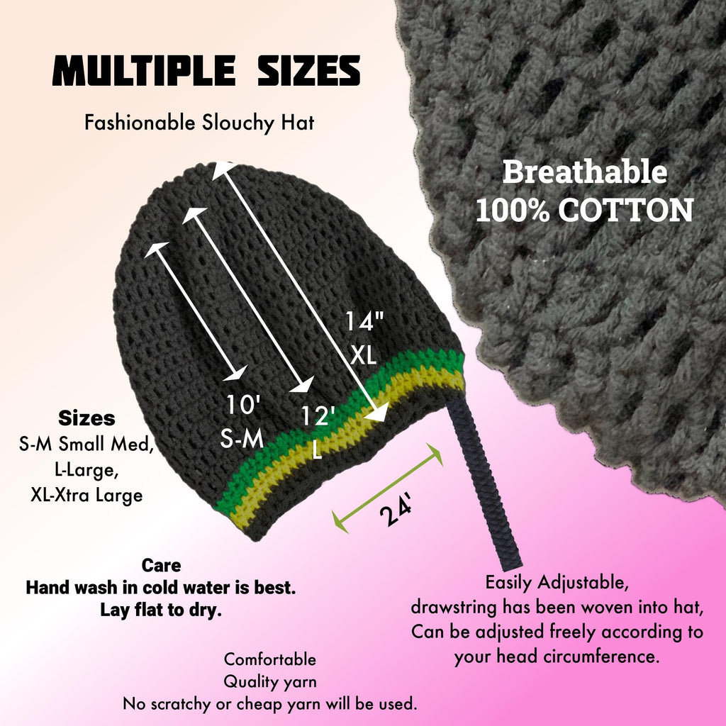 Crochet Oversized Black Cotton Men Rasta Tam for Dreadlocks, Slouchy Beanie, Gift for men or women, big hat with drawstring, Everything Locd
