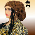 Crochet dreadlock tam with drawstring, Slouchy beanie added beads, Everything Locd, Gift for women, Gold Brown slouch hat,