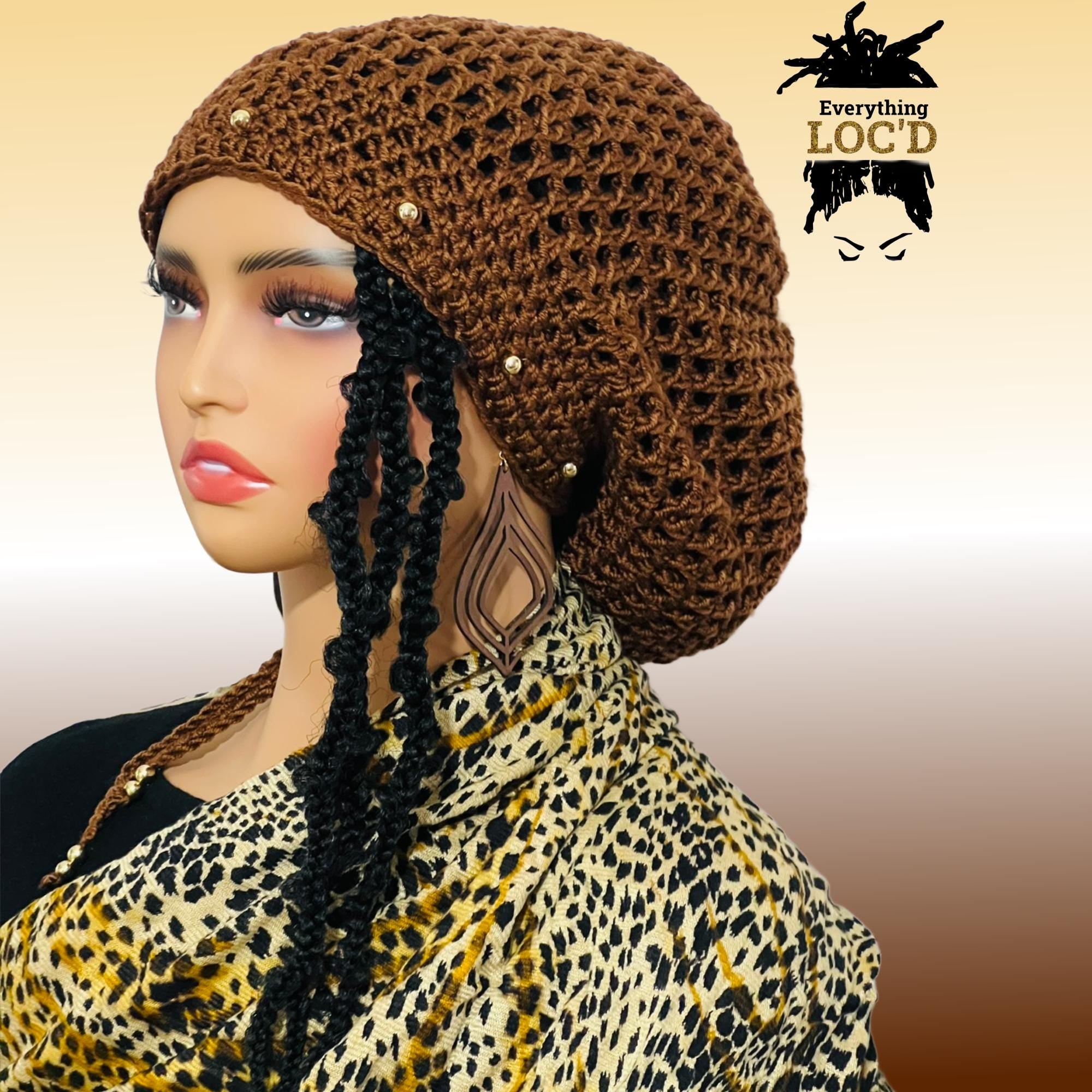 Crochet dreadlock tam with drawstring, Slouchy beanie added beads, Everything Locd, Gift for women, Gold Brown slouch hat,