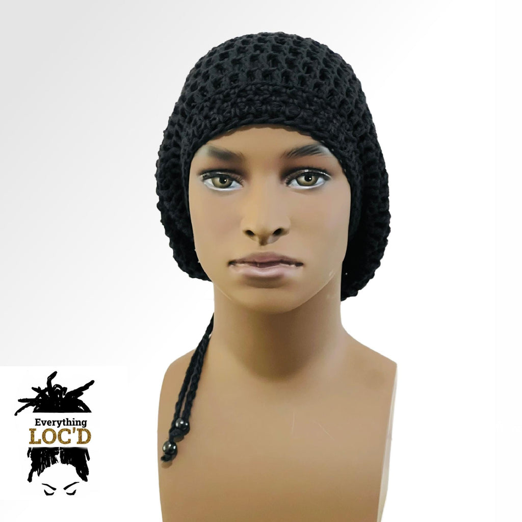 Crochet Oversized Black Cotton Men Rasta Tam for Dreadlocks, Slouchy Beanie, Gift for men or women, big hat with drawstring, Everything Locd