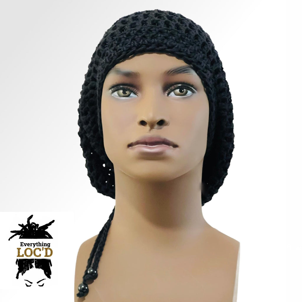Crochet Oversized Black Cotton Men Rasta Tam for Dreadlocks, Slouchy Beanie, Gift for men or women, big hat with drawstring, Everything Locd