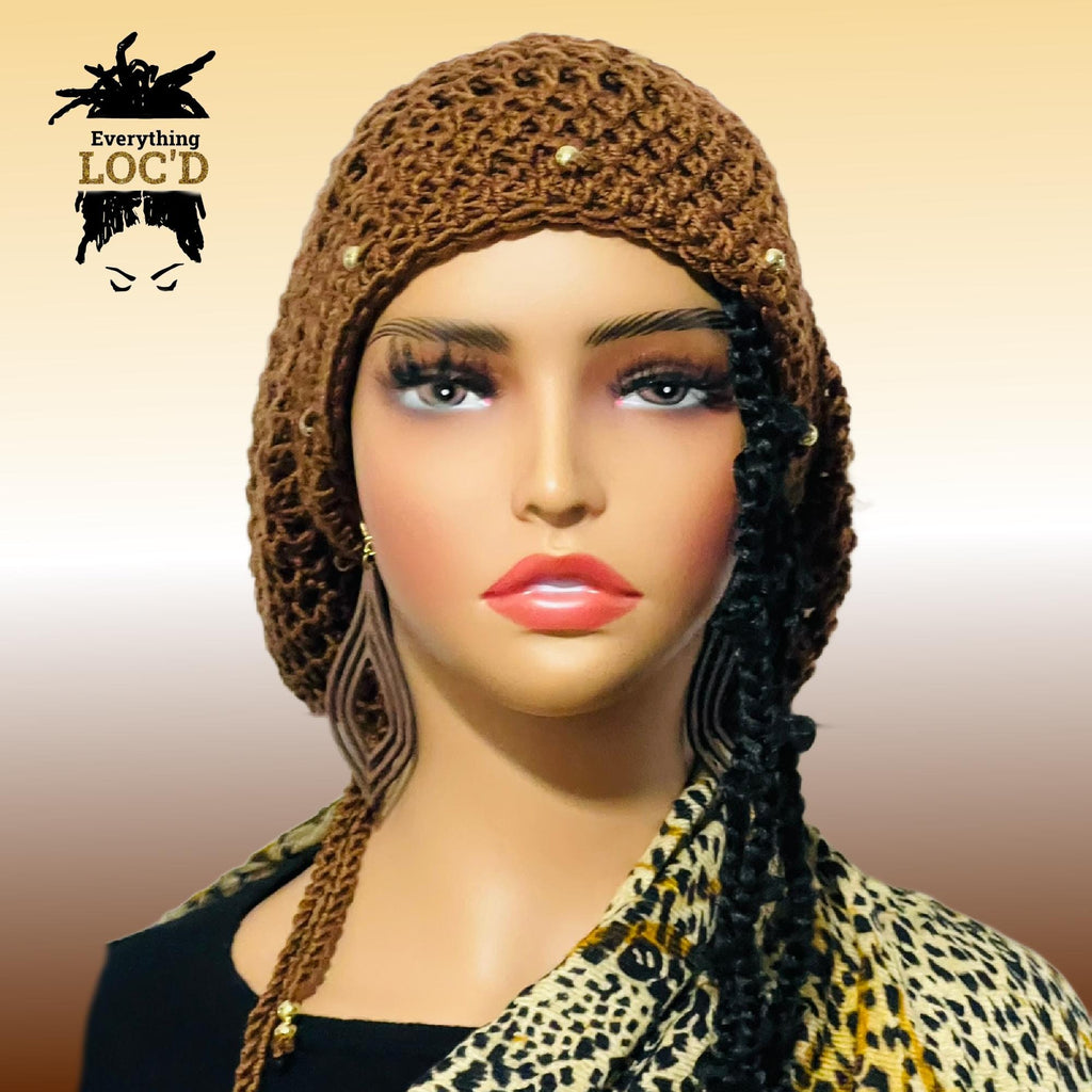 Crochet dreadlock tam with drawstring, Slouchy beanie added beads, Everything Locd, Gift for women, Gold Brown slouch hat,