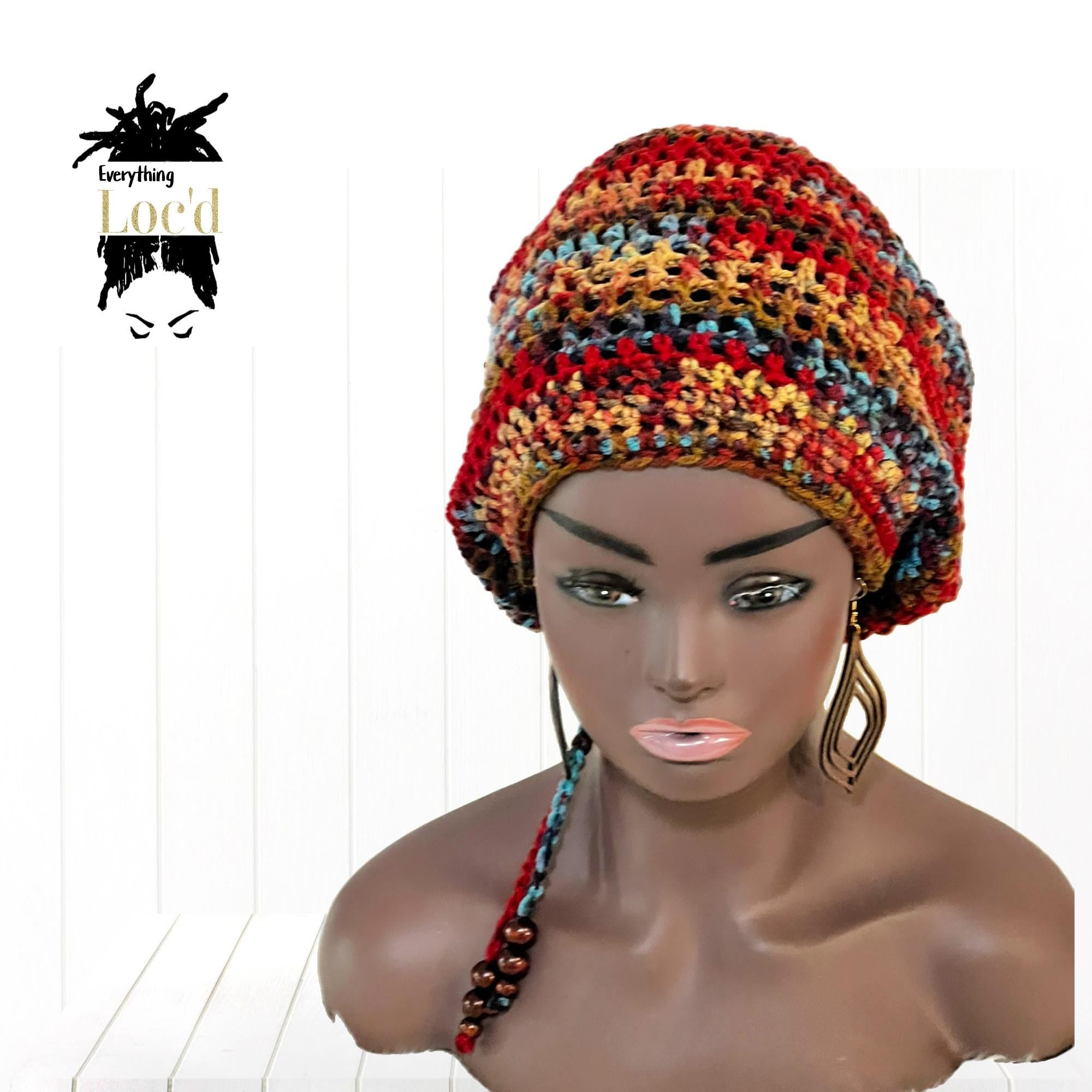 Crochet Rasta tam with drawstring, Dreadlock Slouchy Beanie, Adjustable Women's hat, Everything Locd