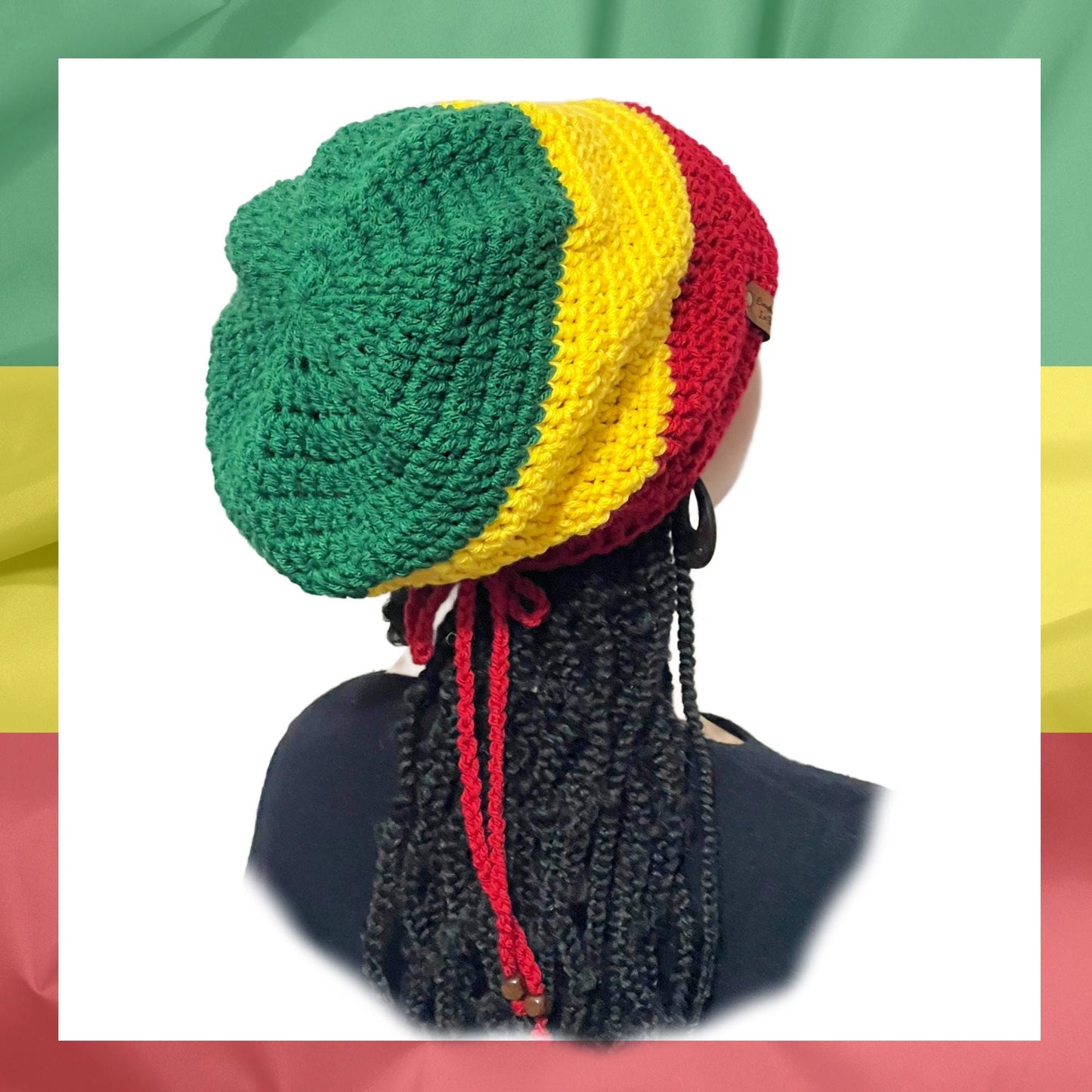 Crochet Rasta Tam with drawstring, Green Yellow Red Slouchy hat, Rastafarian Large hats