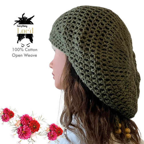Crochet Cotton Rasta Tam with drawstring, Olive Green dreadlock hat, Everything Locd