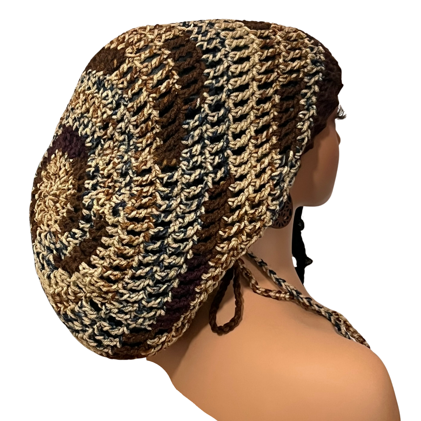 Crochet Rasta Tam with drawstring, Brown Slouchy hat for women,  Big hats