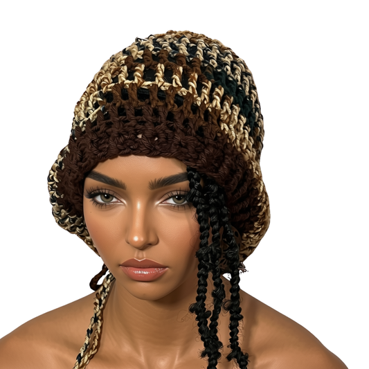 Crochet Rasta Tam with drawstring, Brown Slouchy hat for women,  Big hats