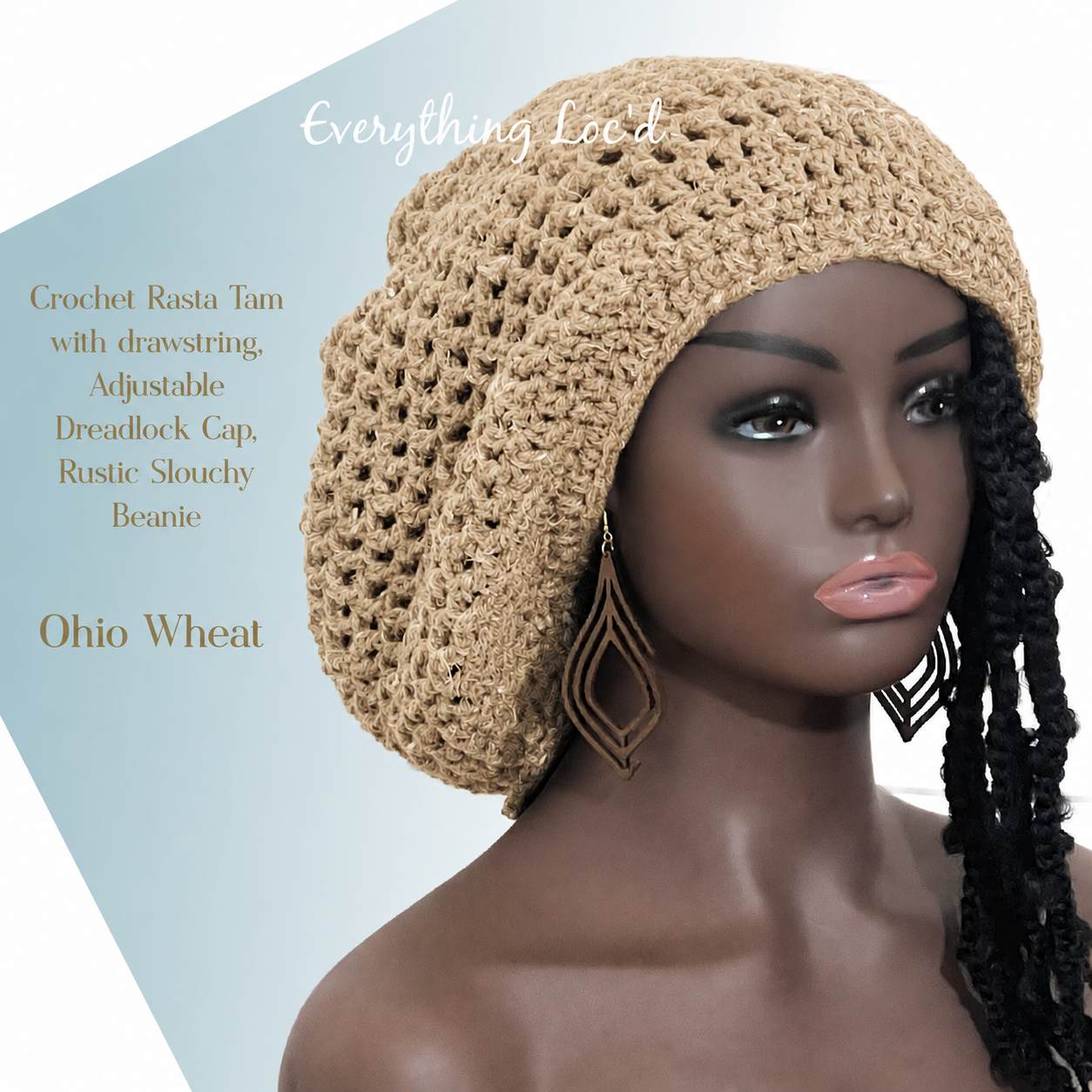 Crochet Rasta Tam with drawstring, Adjustable Dreadlock Cap, Rustic Slouchy Beanie, Eveything Locd