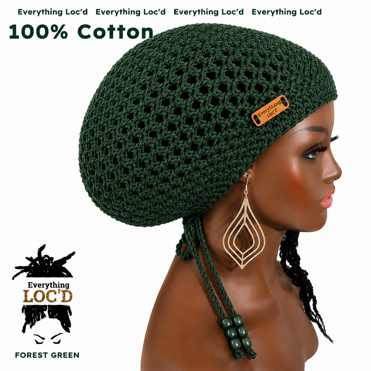 Crochet cotton green Rasta Tam for Dreadlocks, Slouchy Beanie with drawstring