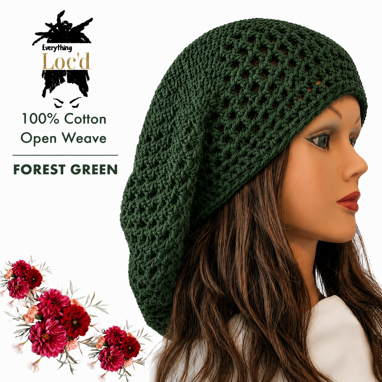 Crochet Cotton Rasta Tam with drawstring, Olive Green dreadlock hat, Everything Locd