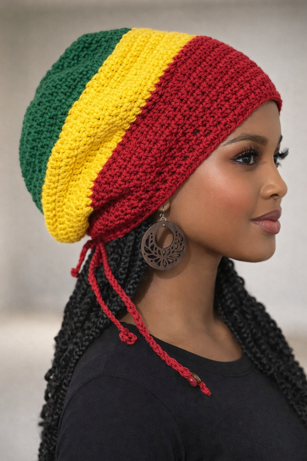 Crochet Rasta Tam with drawstring, Green Yellow Red Slouchy hat, Rastafarian Large hats