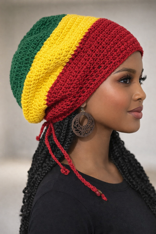 Crochet Rasta Tam with drawstring, Green Yellow Red Slouchy hat, Rastafarian Large hats