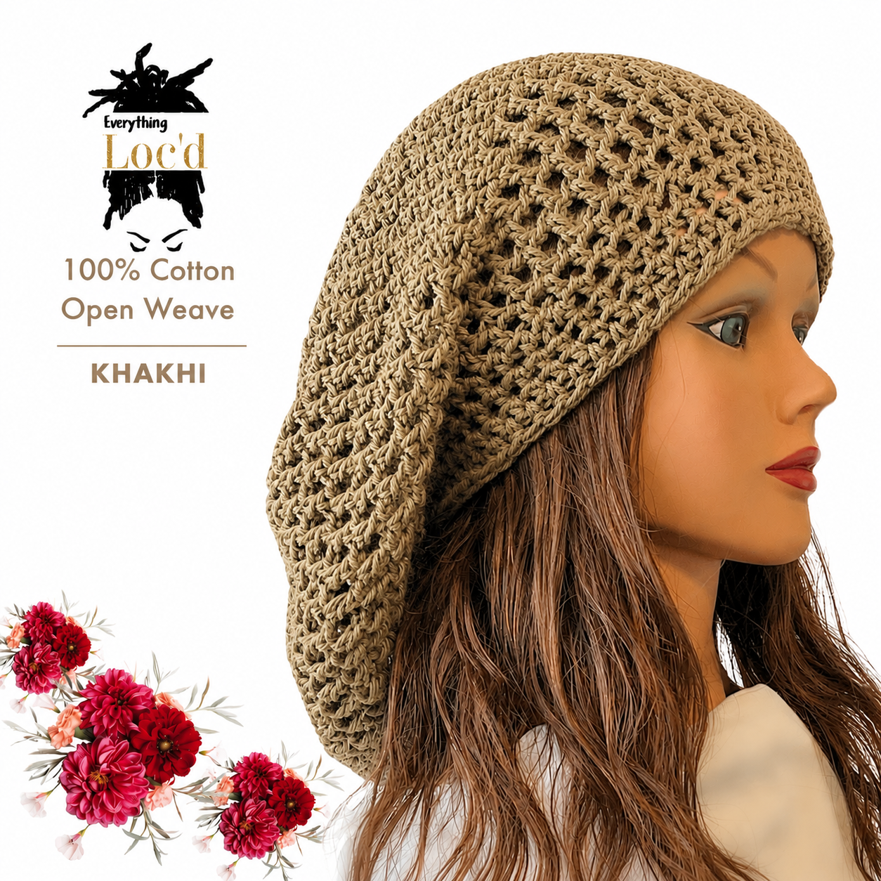 Crochet Cotton Rasta Tam with drawstring, Olive Green dreadlock hat, Everything Locd