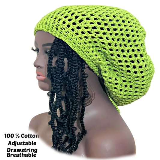Crochet Dreadlock Tam with drawstring, Lime Green Slouchy Beanie hat