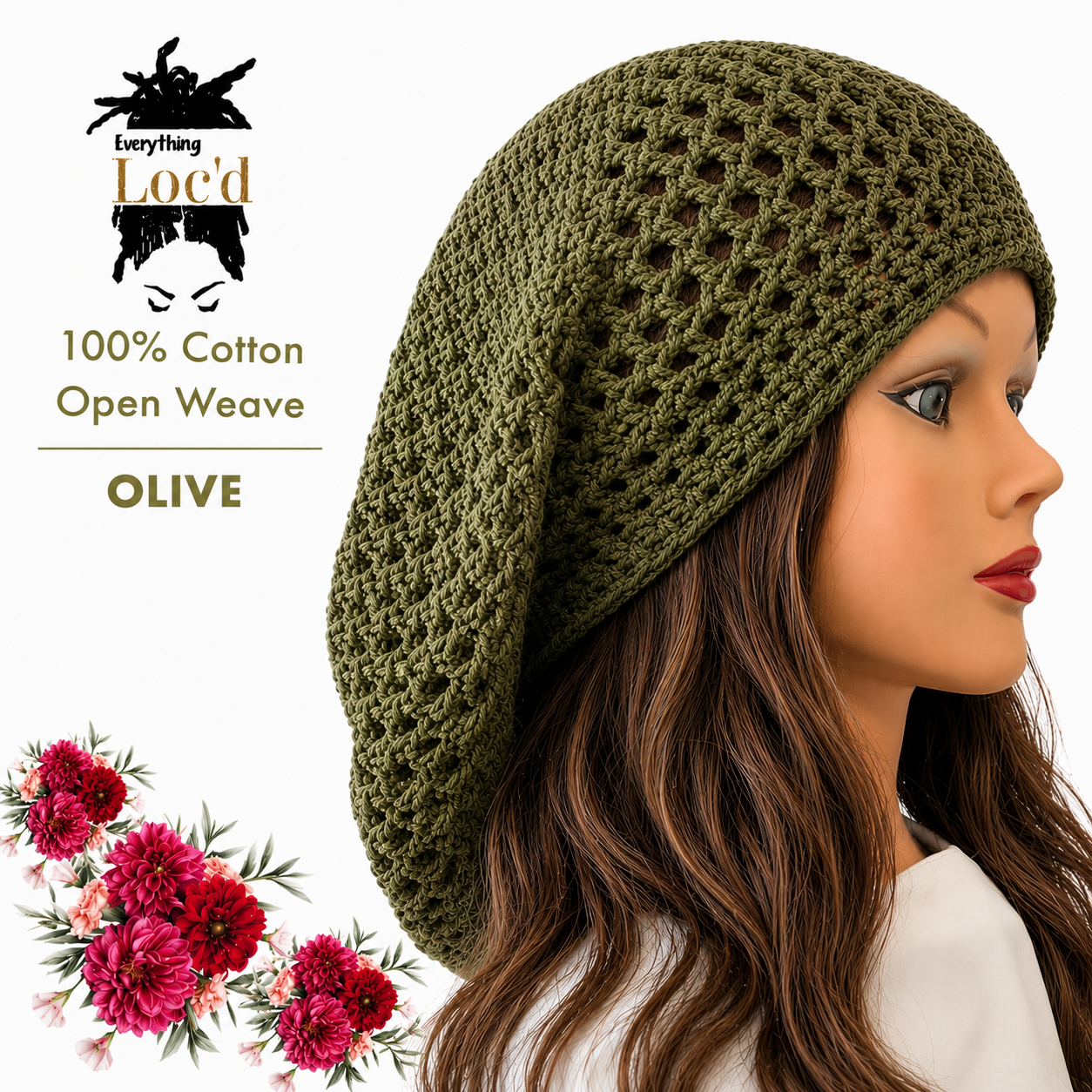 Crochet Cotton Rasta Tam with drawstring, Olive Green dreadlock hat, Everything Locd
