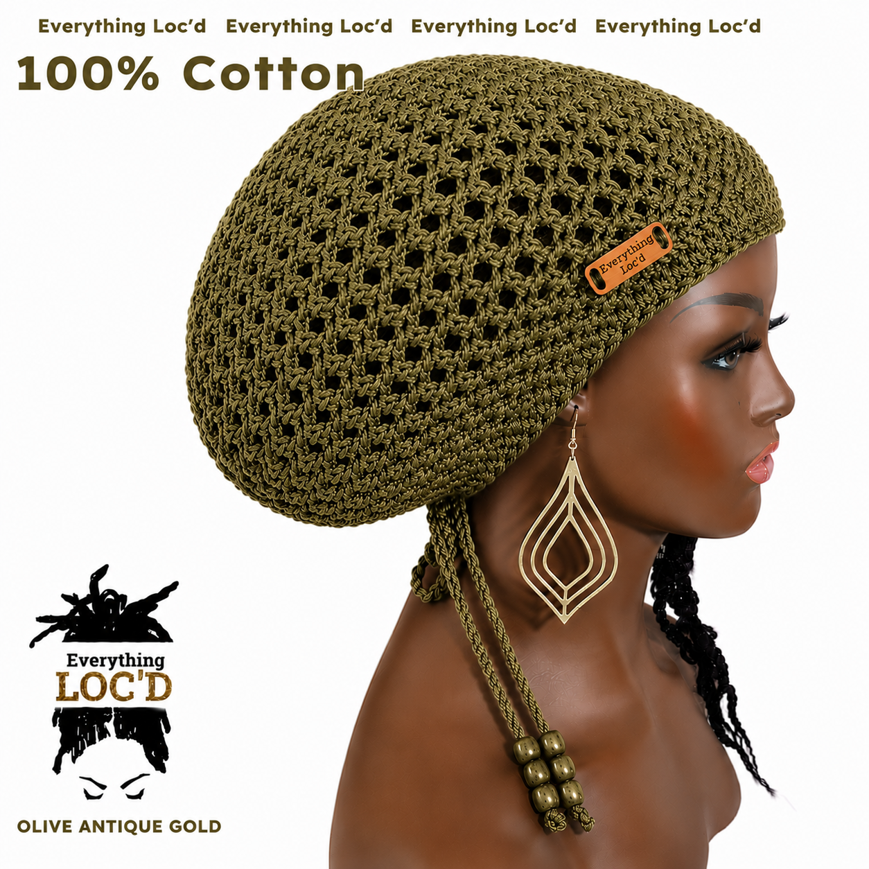 Crochet cotton green Rasta Tam for Dreadlocks, Slouchy Beanie with drawstring