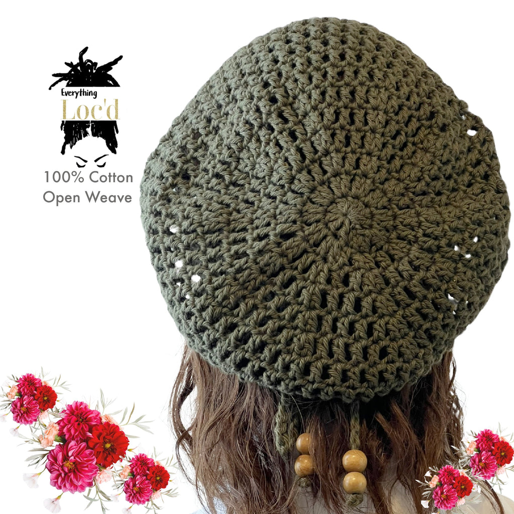 Crochet Cotton Rasta Tam with drawstring, Olive Green dreadlock hat, Everything Locd