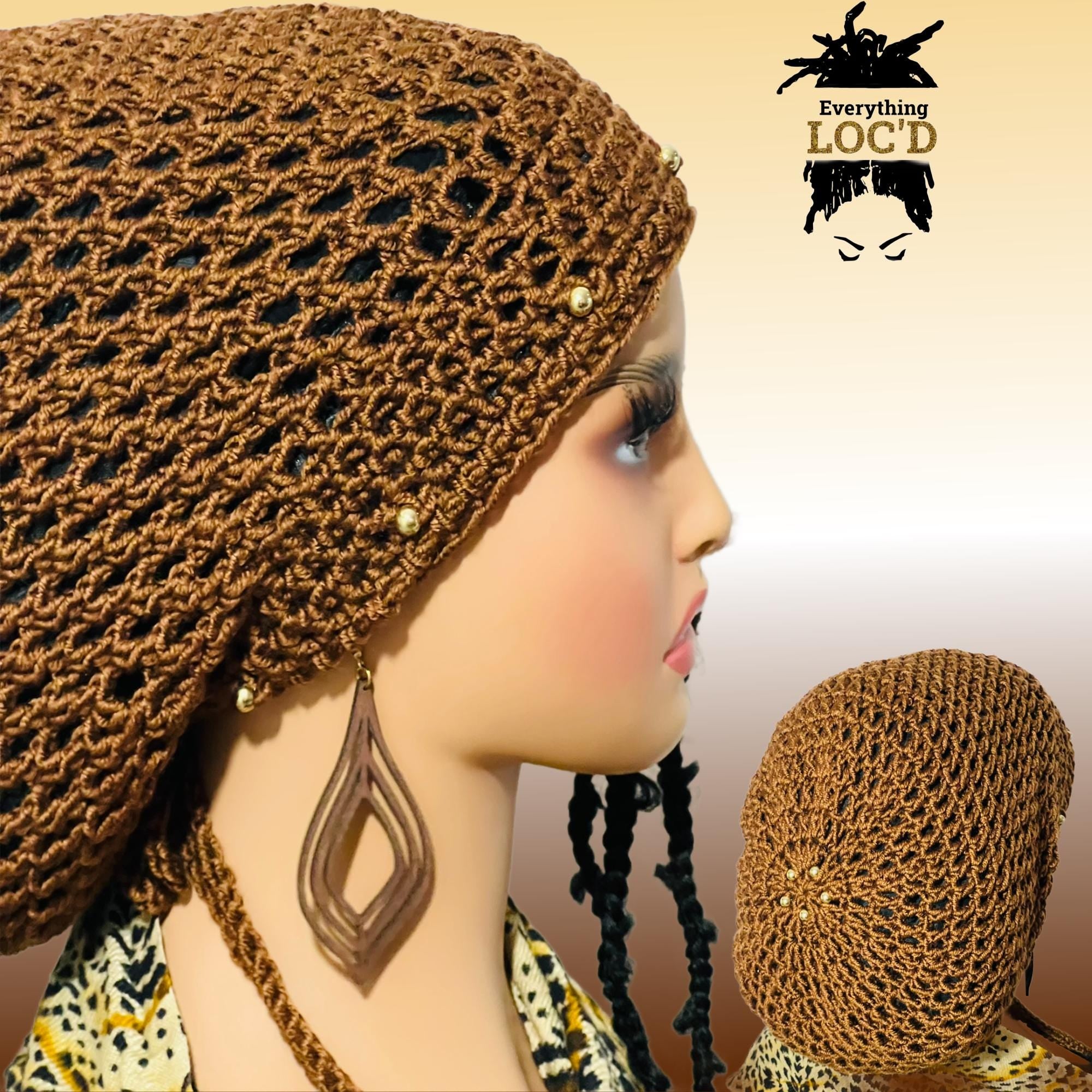 Crochet dreadlock tam with drawstring, Slouchy beanie added beads, Everything Locd, Gift for women, Gold Brown slouch hat,