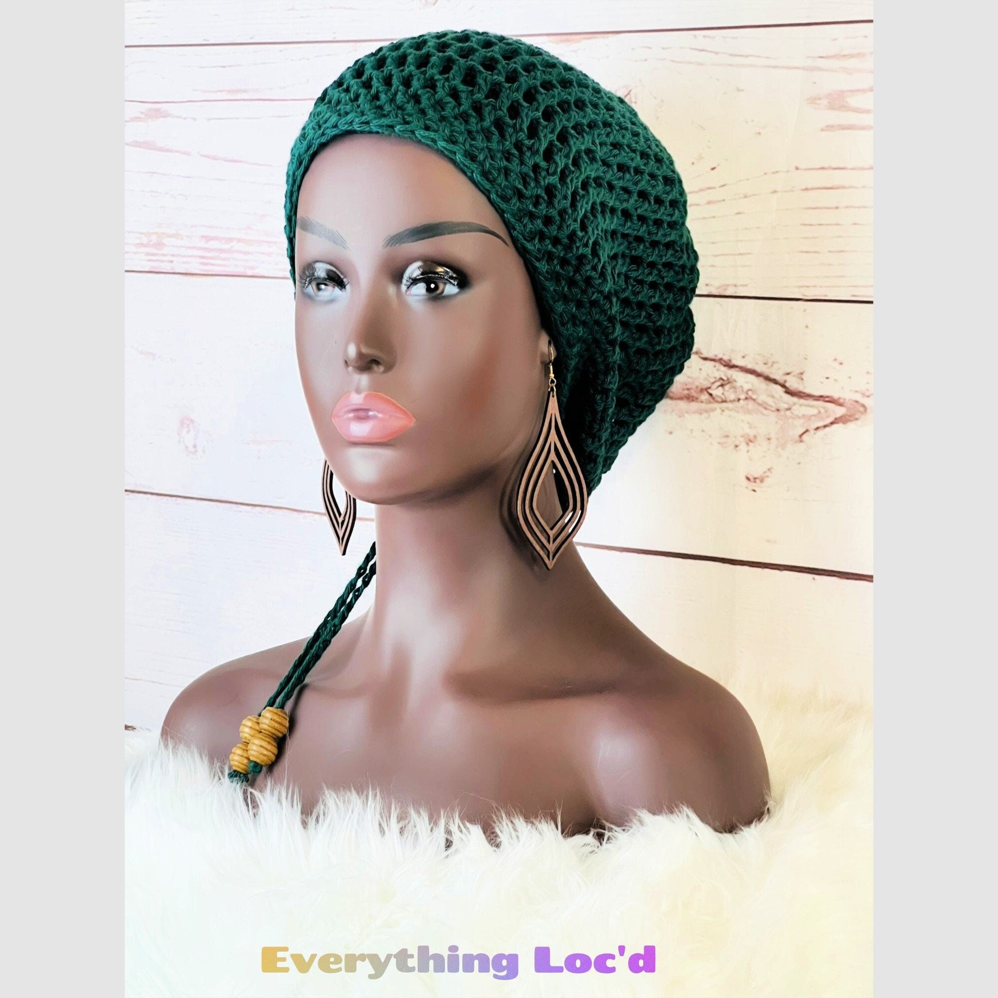 Crochet cotton green Rasta Tam for Dreadlocks, Slouchy Beanie with drawstring