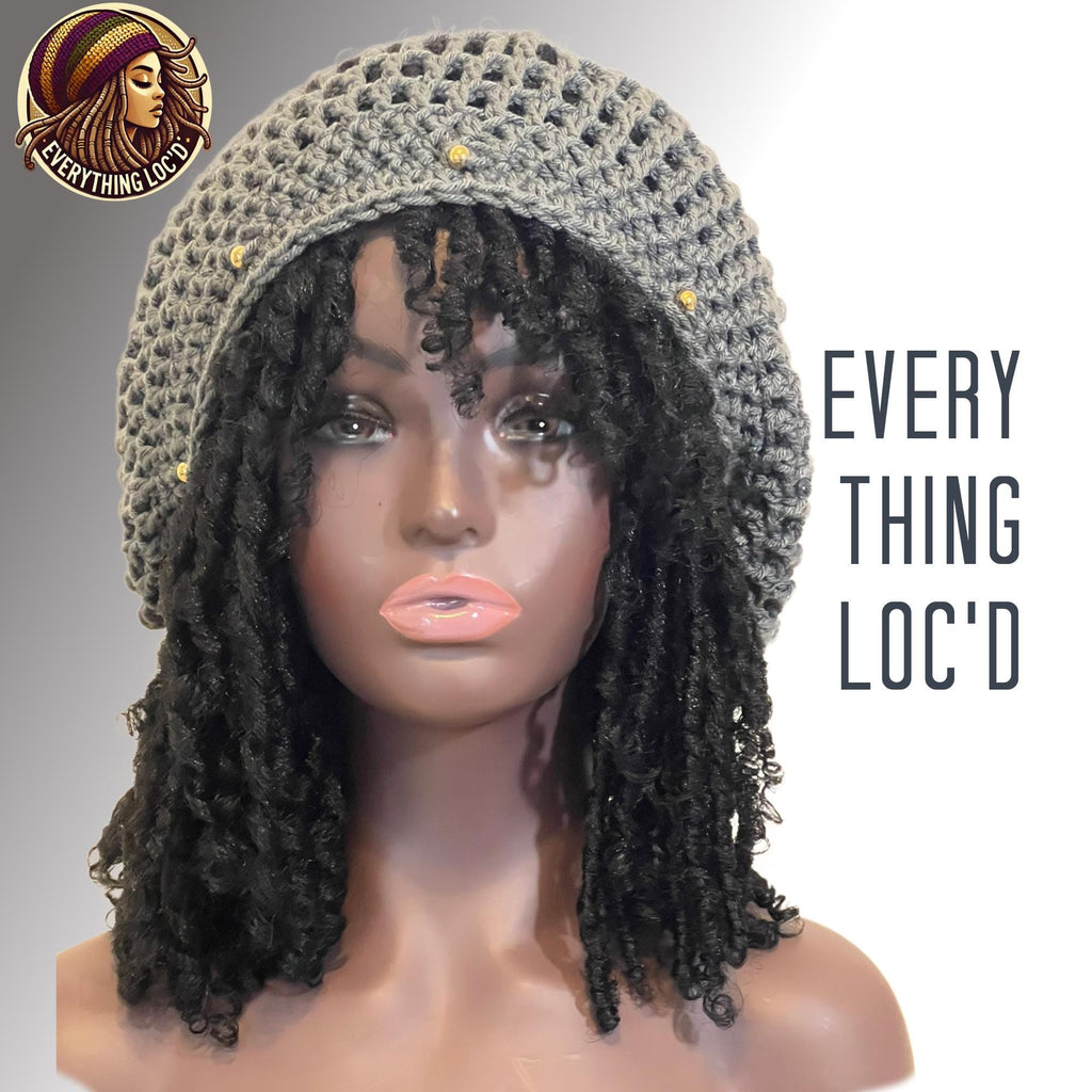 Crochet dreadlock Tam Hat with drawstring, Grey Slouchy Crocheted Rasta beanie added beads, Everything Locd