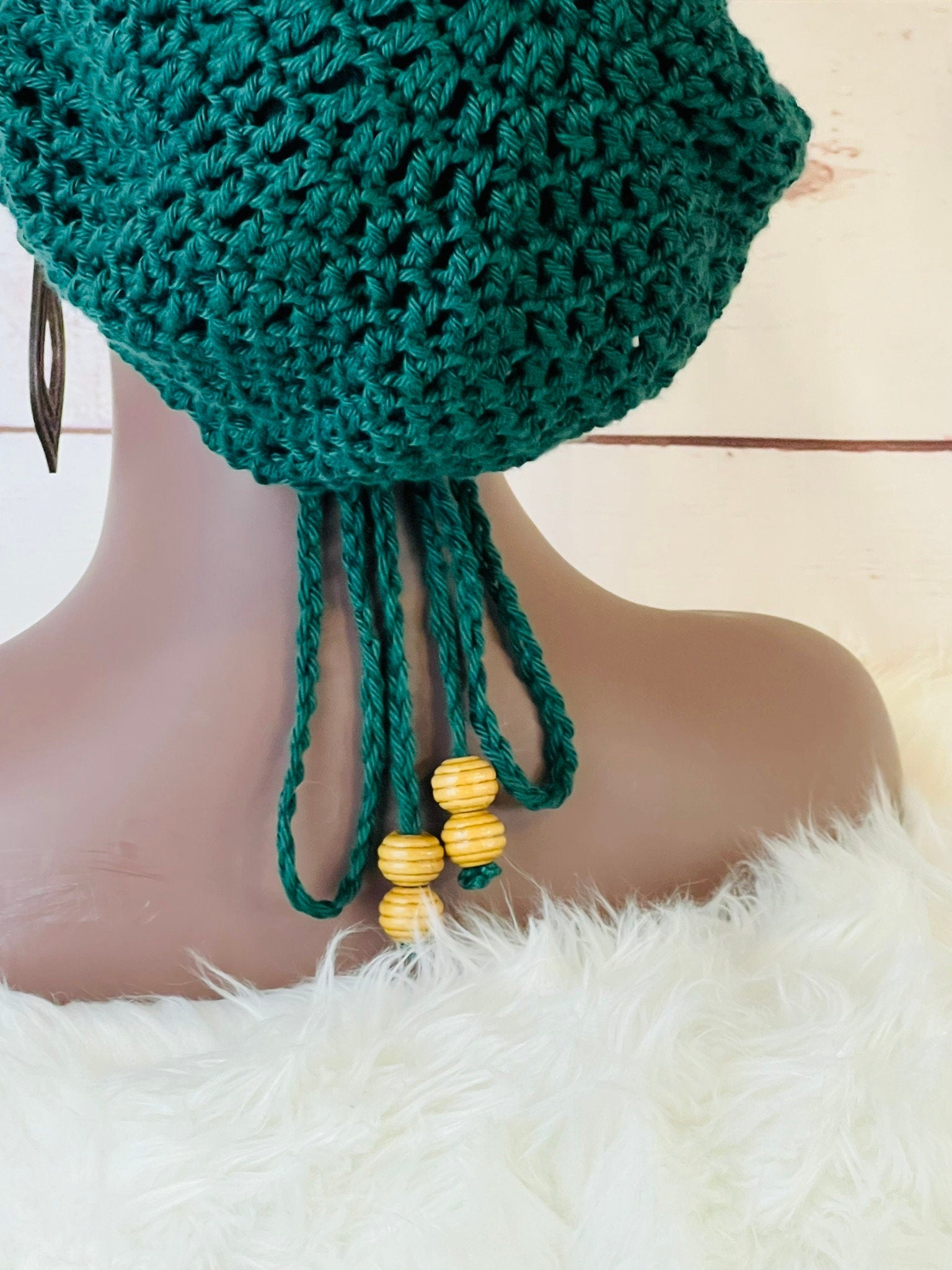 Crochet cotton green Rasta Tam for Dreadlocks, Slouchy Beanie with drawstring