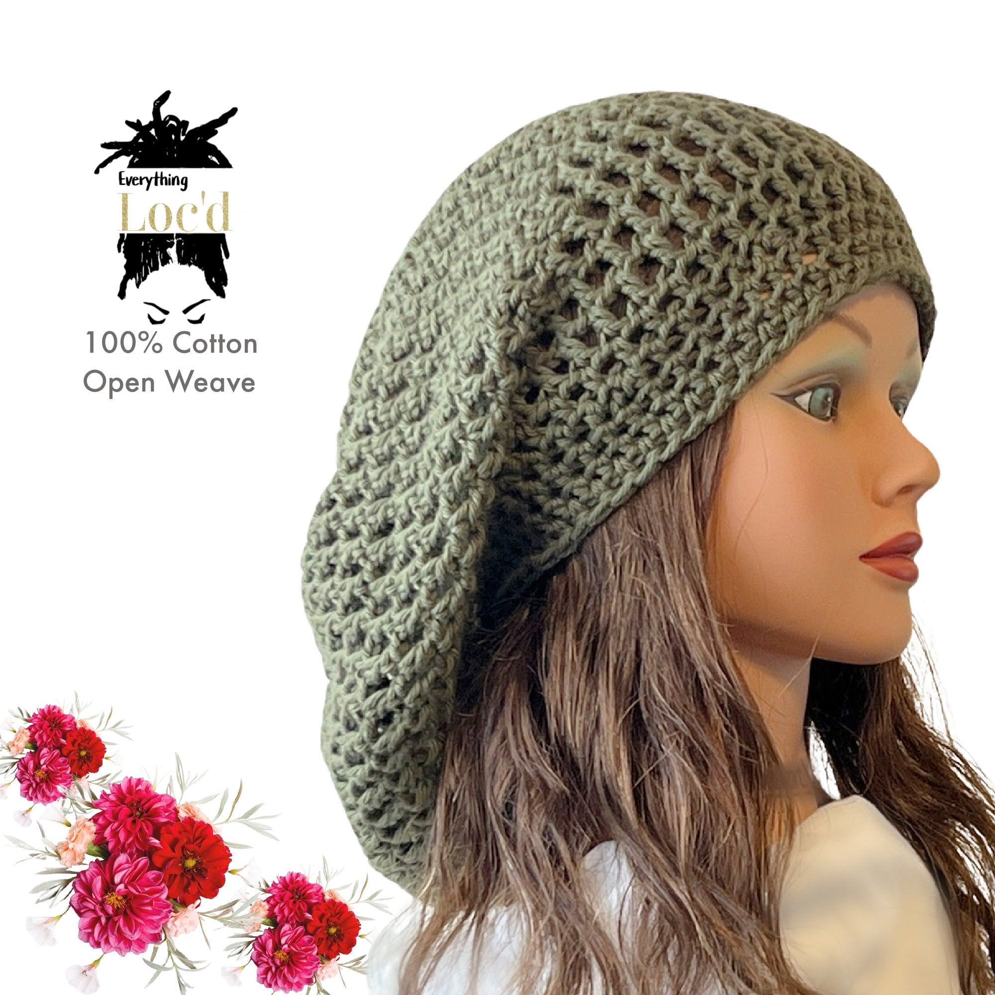 Crochet Cotton Rasta Tam with drawstring, Olive Green dreadlock hat, Everything Locd