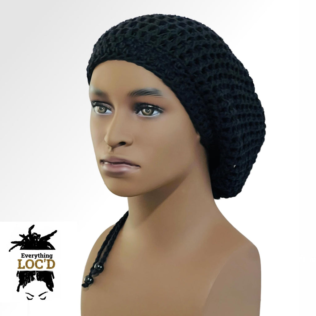 Crochet Oversized Black Cotton Men Rasta Tam for Dreadlocks, Slouchy Beanie, Gift for men or women, big hat with drawstring, Everything Locd