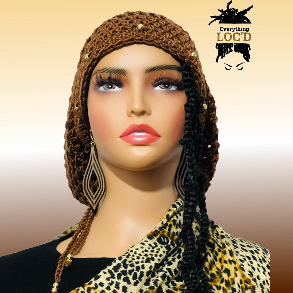 Crochet dreadlock tam with drawstring, Slouchy beanie added beads, Everything Locd, Gift for women, Gold Brown slouch hat,
