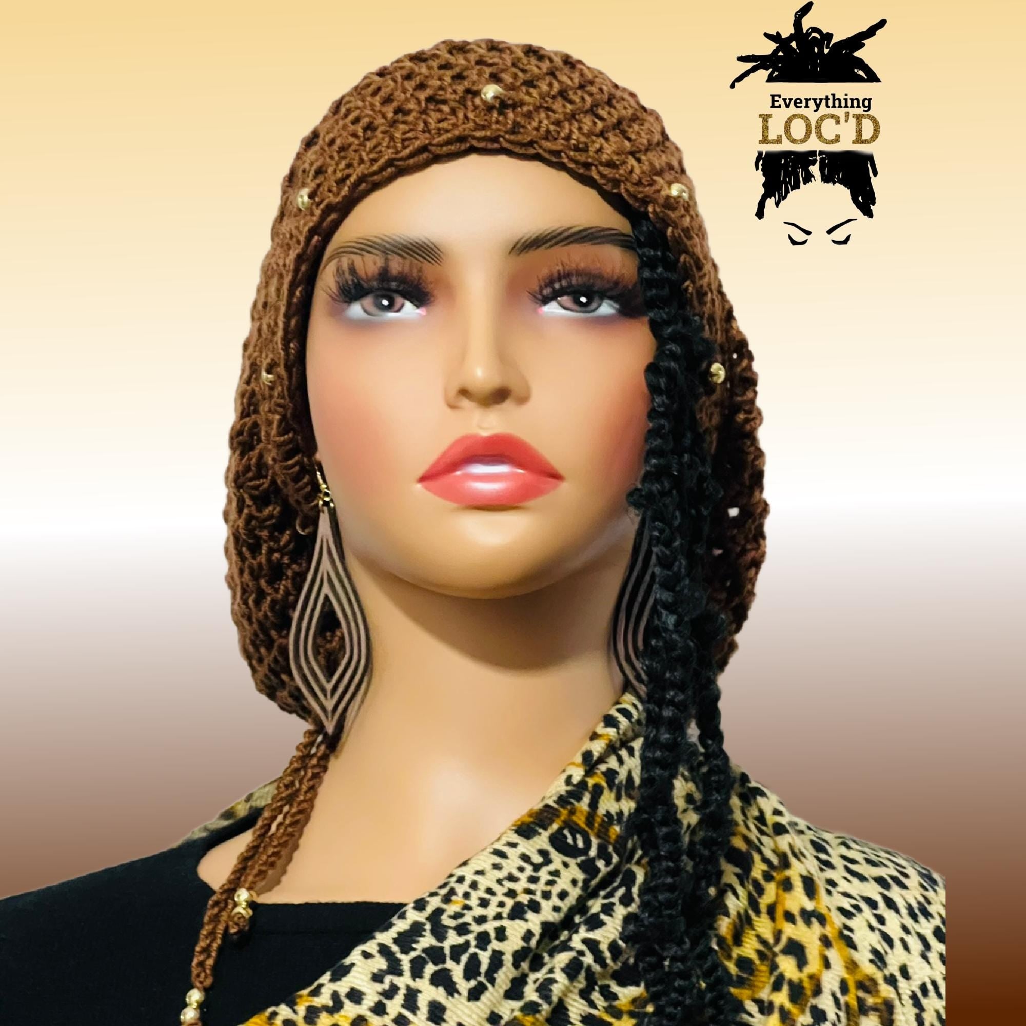 Crochet dreadlock tam with drawstring, Slouchy beanie added beads, Everything Locd, Gift for women, Gold Brown slouch hat,
