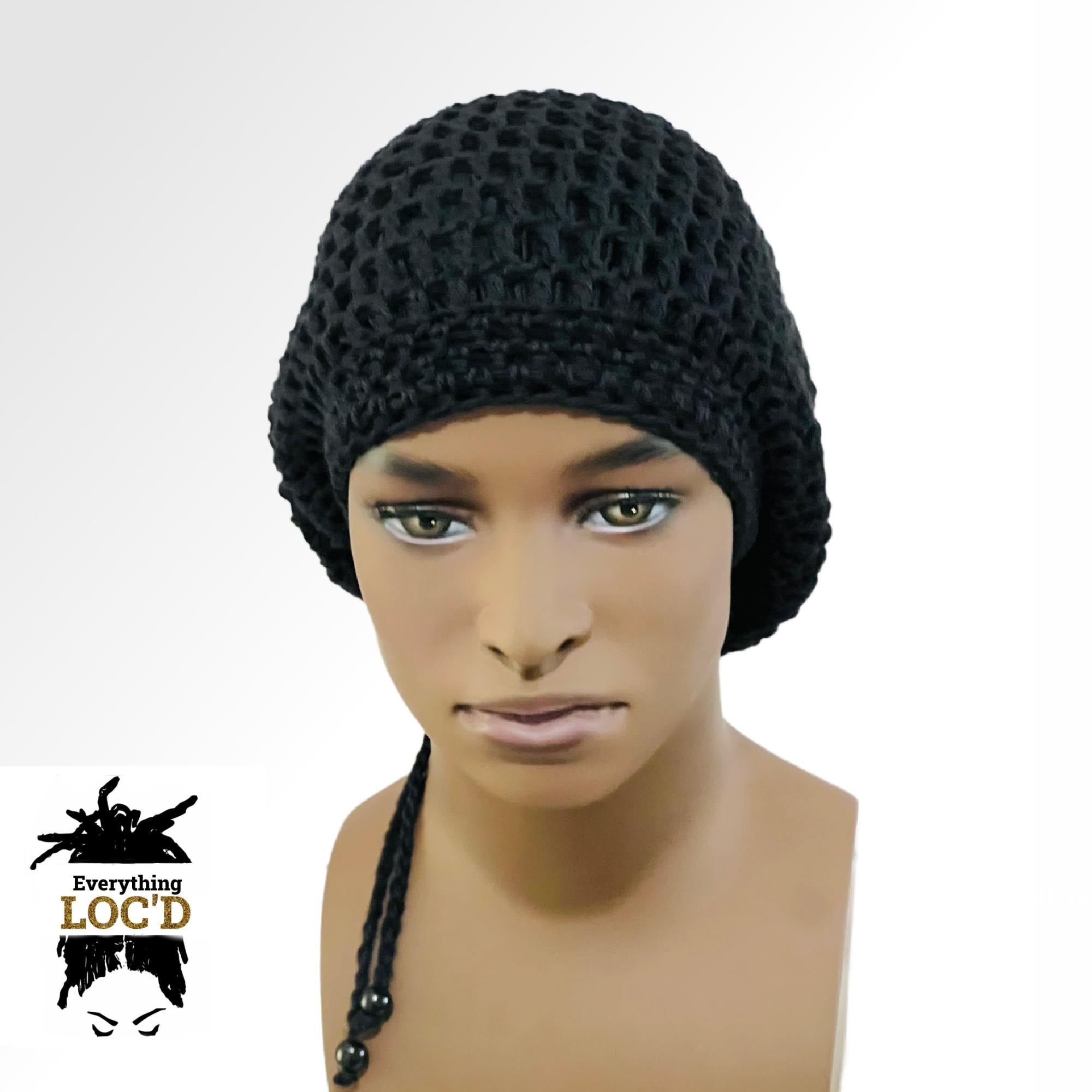 Crochet Oversized Black Cotton Men Rasta Tam for Dreadlocks, Slouchy Beanie, Gift for men or women, big hat with drawstring, Everything Locd