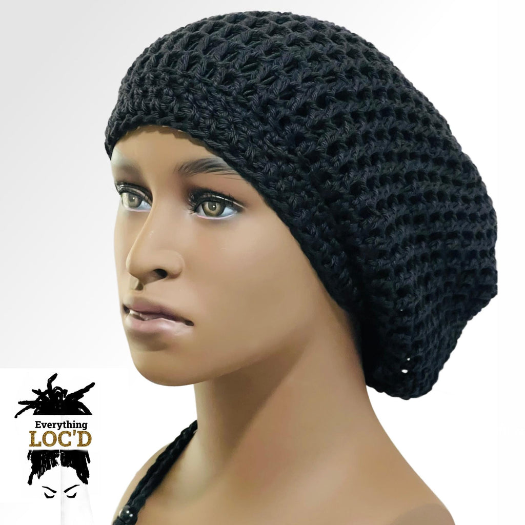 Crochet Oversized Black Cotton Men Rasta Tam for Dreadlocks, Slouchy Beanie, Gift for men or women, big hat with drawstring, Everything Locd