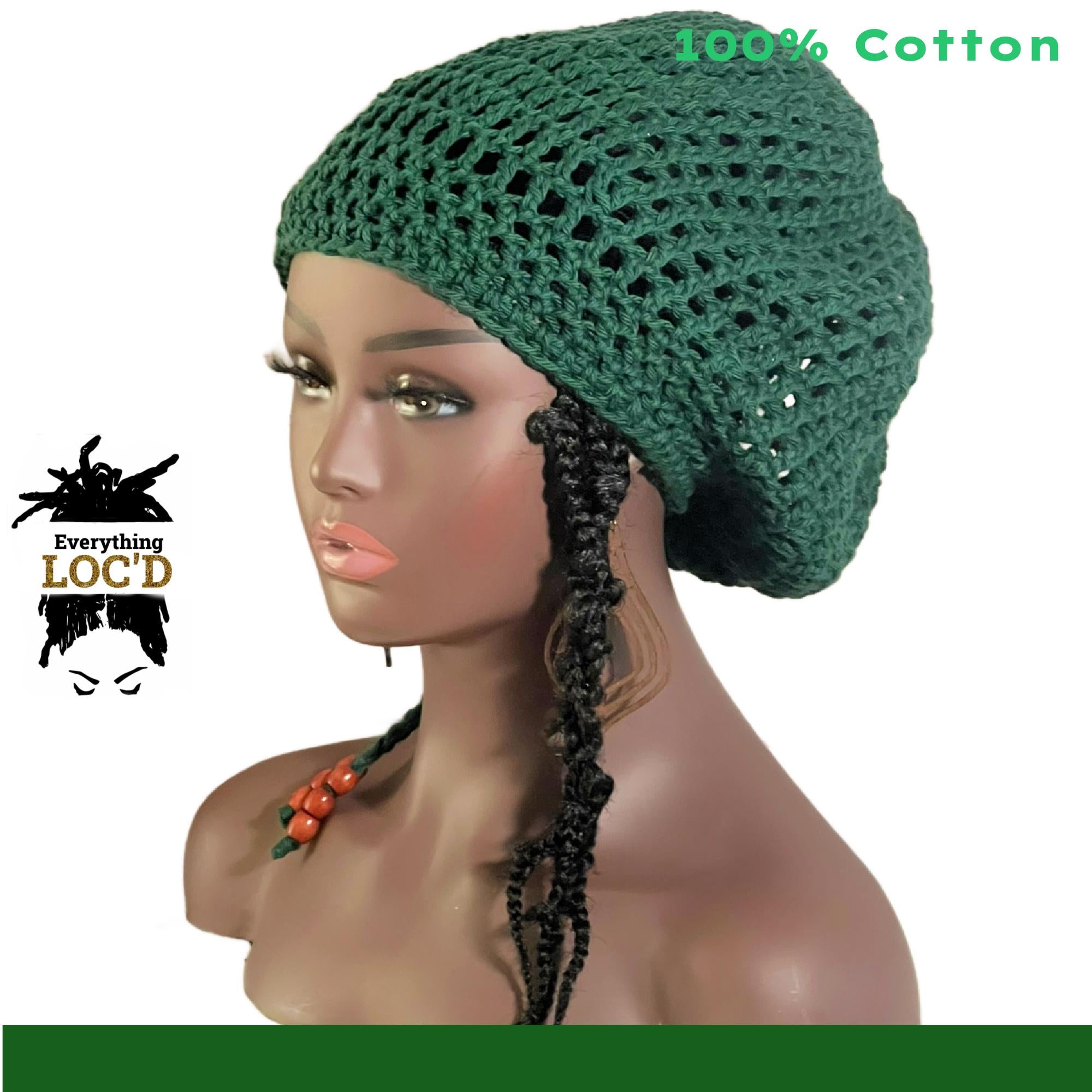 Crochet cotton green Rasta Tam for Dreadlocks, Slouchy Beanie with drawstring