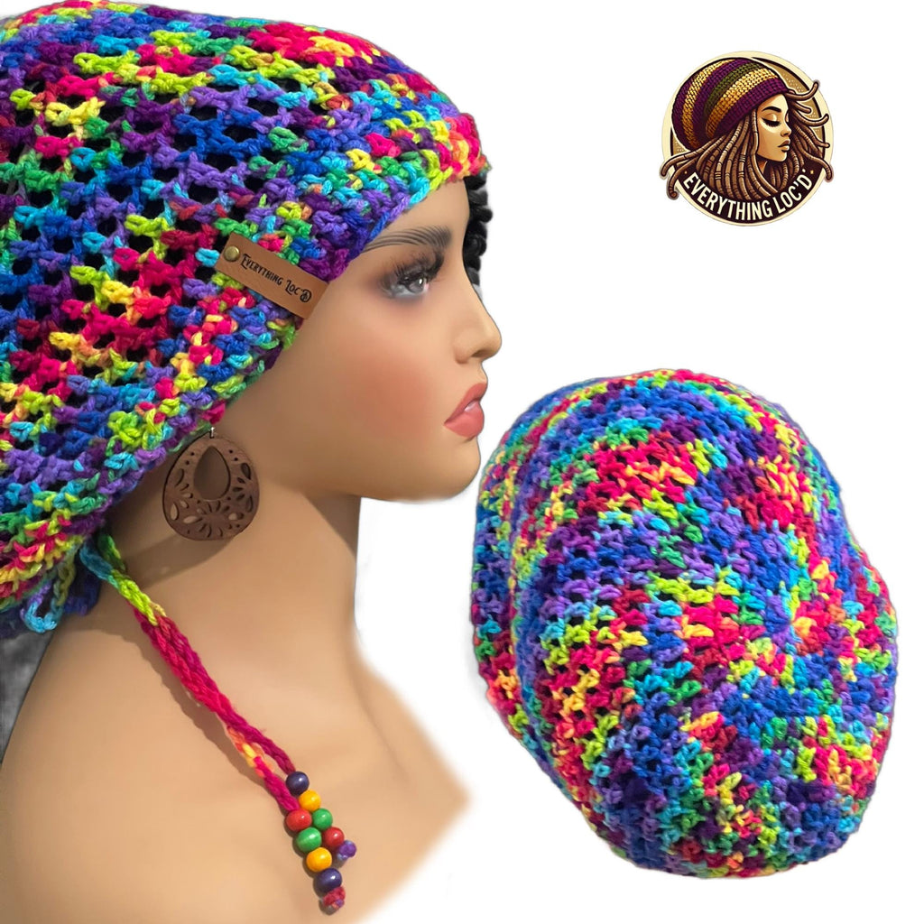 Crochet Slouchy hat with drawstring, Colorful Rasta Tam for dreads, Adult Colorful Beanie, Everything Locd