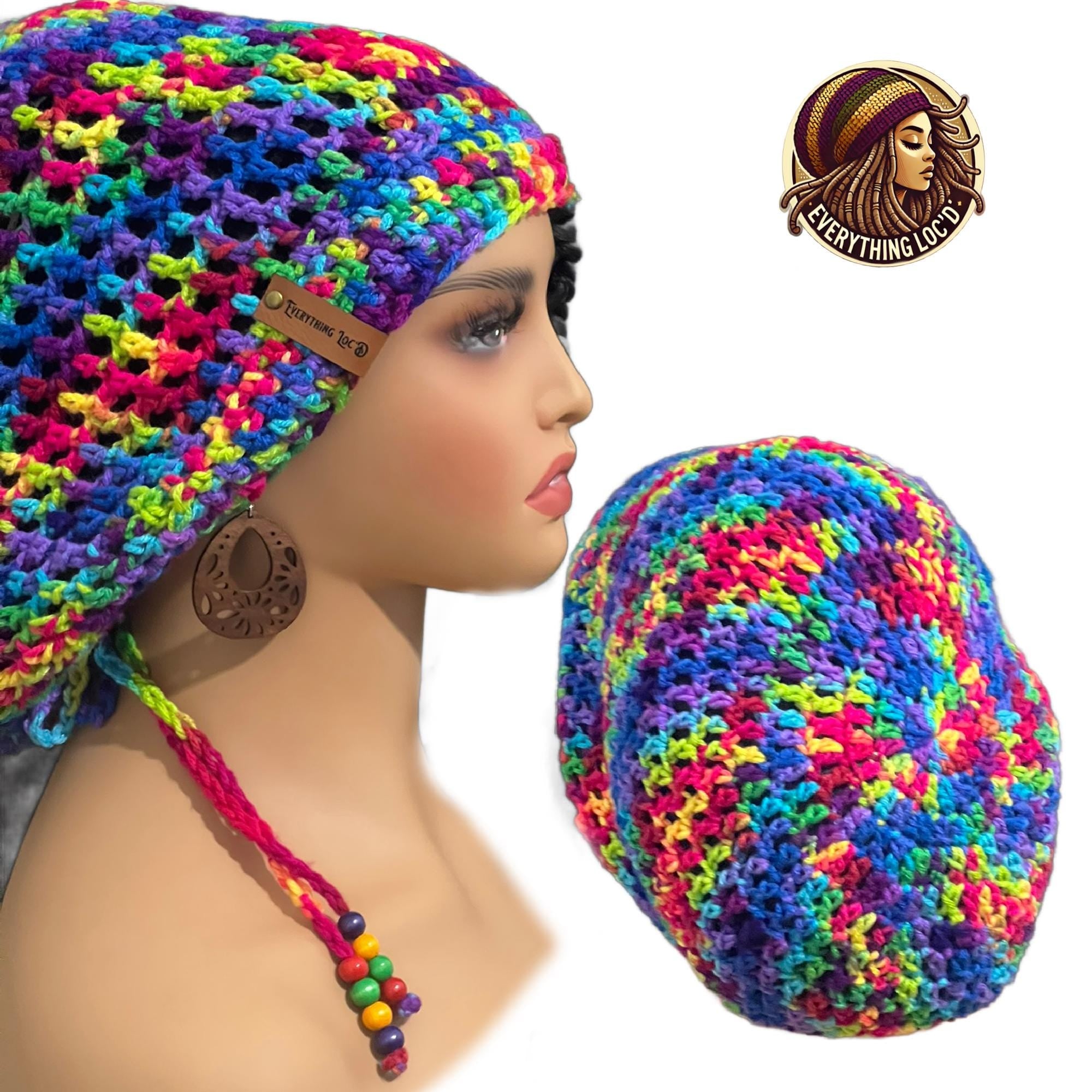 Crochet Slouchy hat with drawstring, Colorful Rasta Tam for dreads, Adult Colorful Beanie, Everything Locd