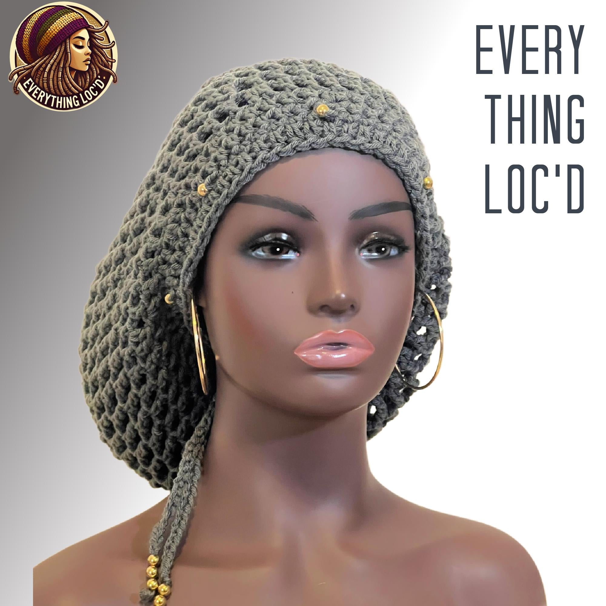 Crochet dreadlock Tam Hat with drawstring, Grey Slouchy Crocheted Rasta beanie added beads, Everything Locd