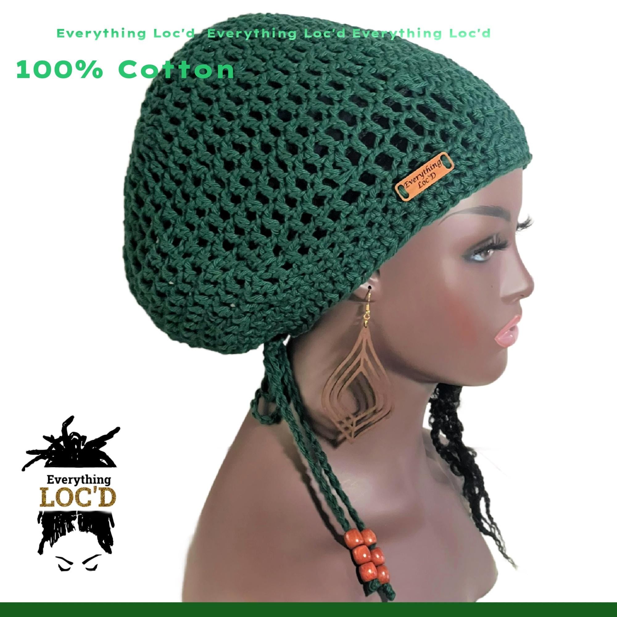Crochet cotton green Rasta Tam for Dreadlocks, Slouchy Beanie with drawstring