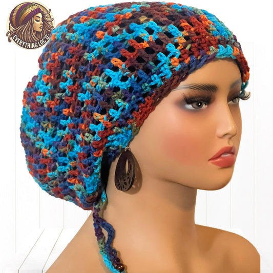 Crochet dreadlock tam with drawstring, colorful Slouchy hat, Handmade Rasta cap, Everything Locd,