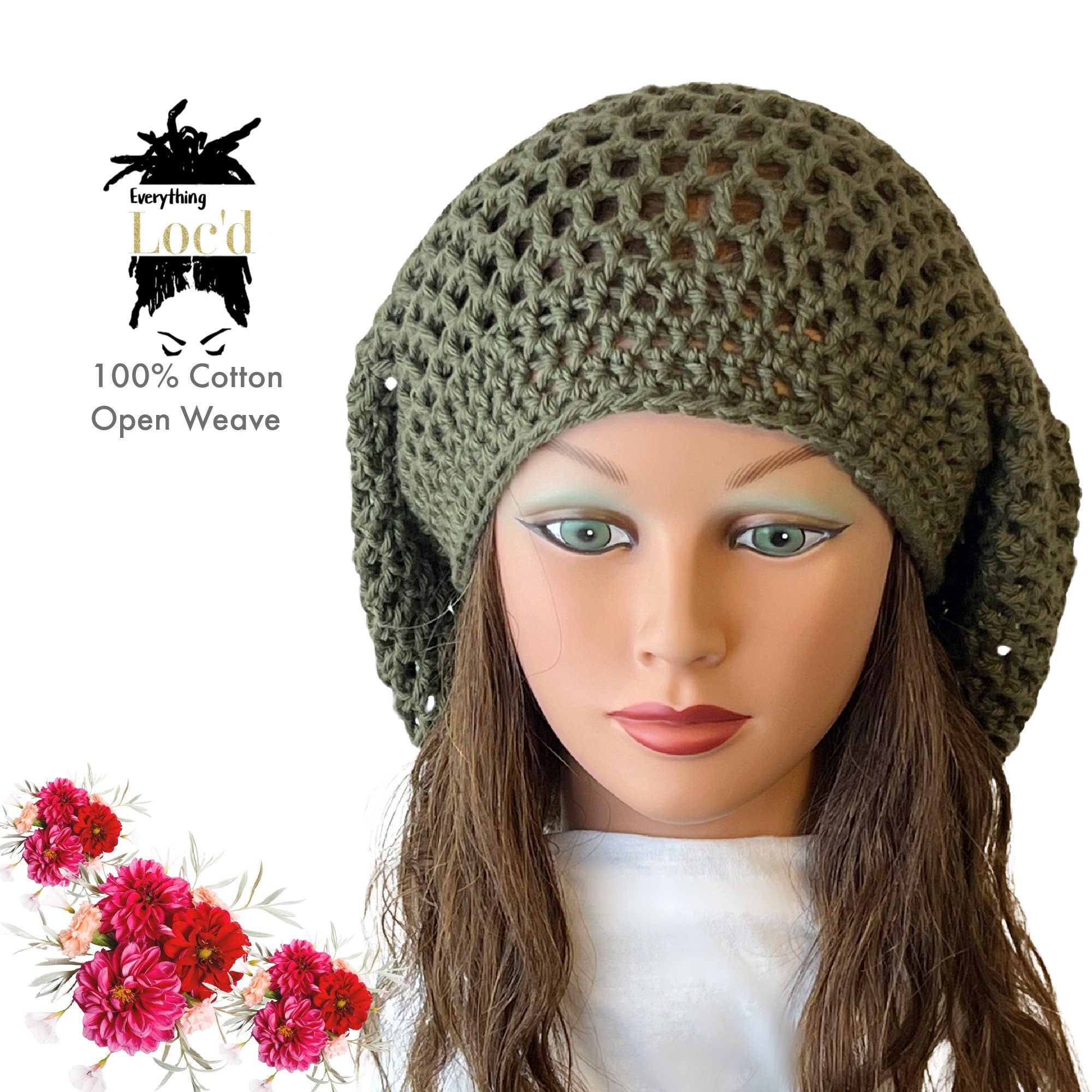 Crochet Cotton Rasta Tam with drawstring, Olive Green dreadlock hat, Everything Locd