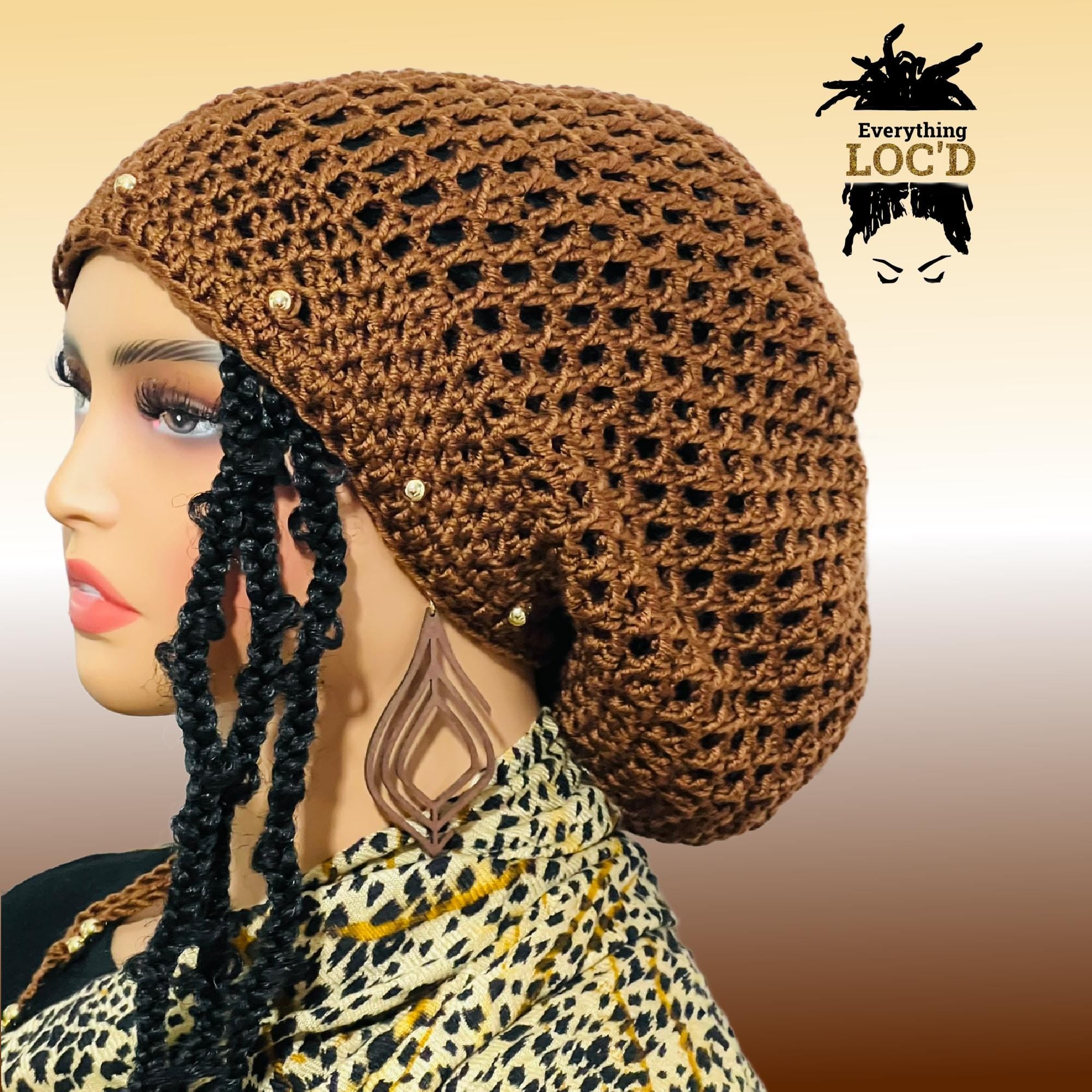 Crochet dreadlock tam with drawstring, Slouchy beanie added beads, Everything Locd, Gift for women, Gold Brown slouch hat,
